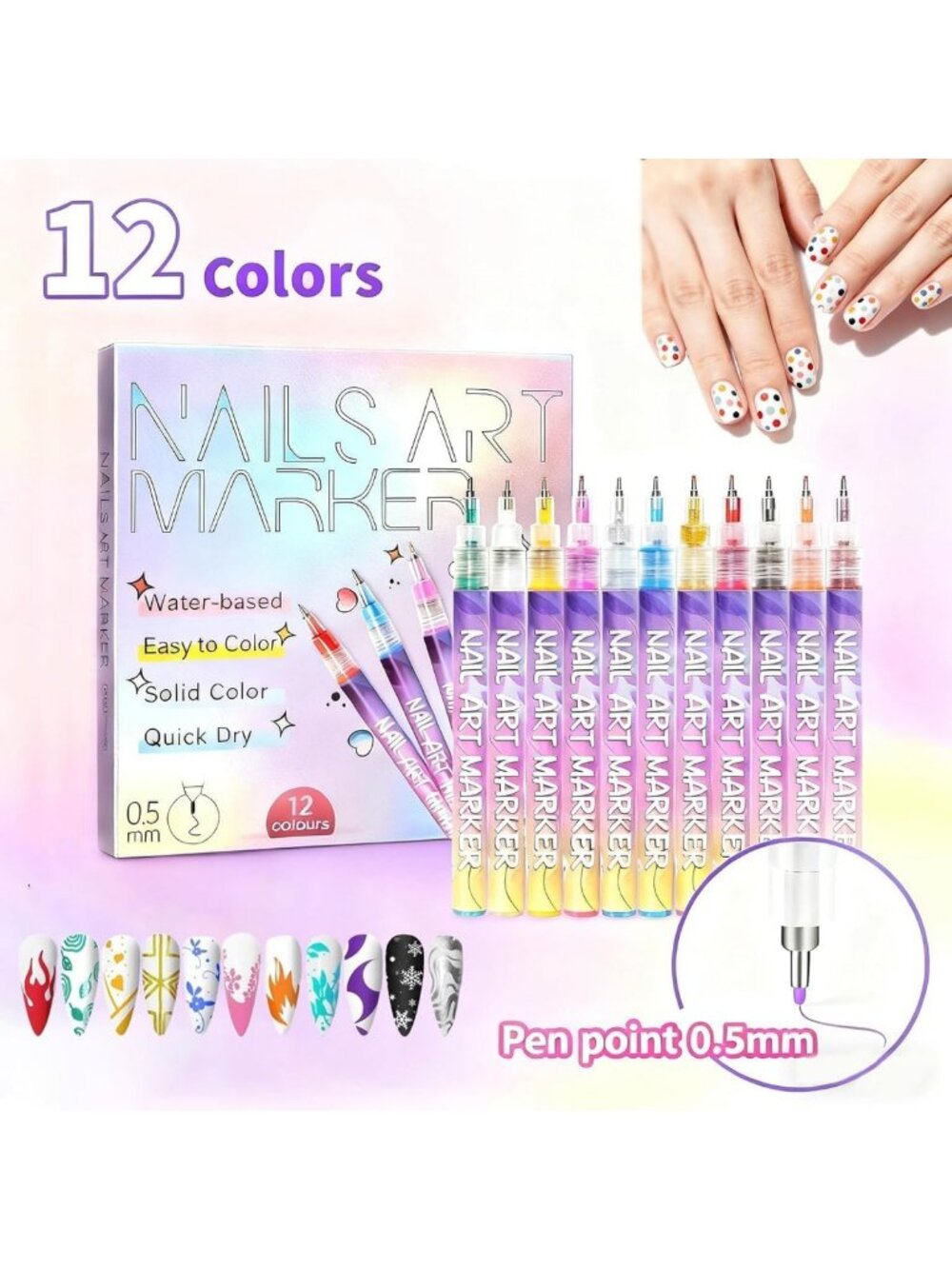 Vibrant 12-Color Nail Art Pens Set - 3D Nail Design Markers for DIY Manicure - Picture 6 of 7